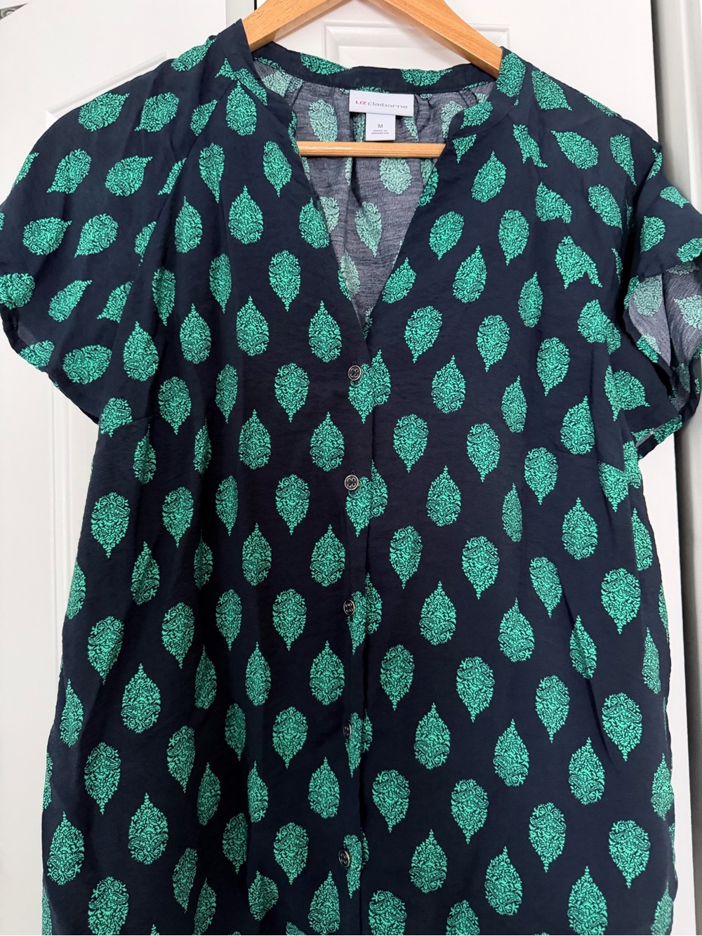 Liz Claiborne Navy and Teal Short-Sleeve Button-Front Blouse